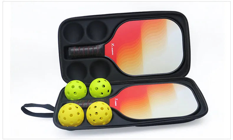Black portable EVA storage case for a pickleball racket and balls with two shoulder straps.