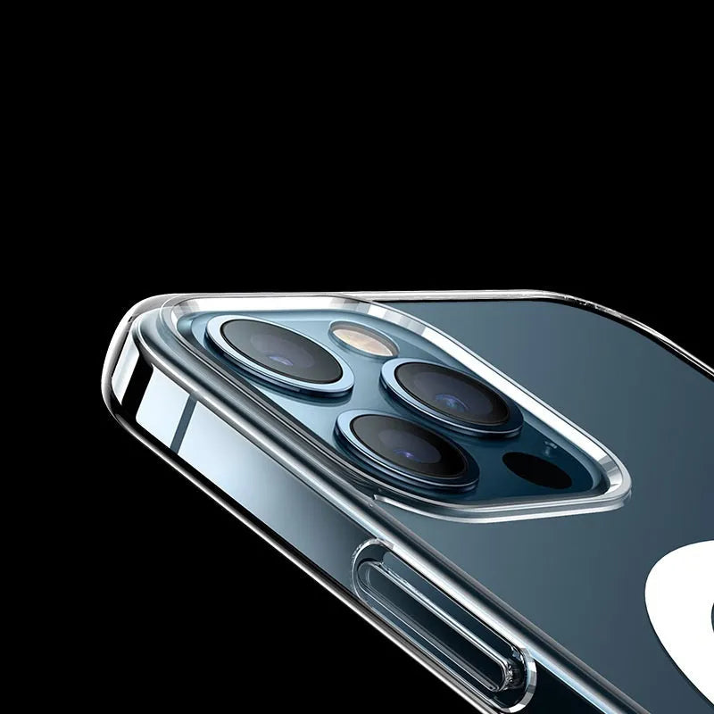 Transparent magnetic hard shell back cover case for iPhone on a table.
