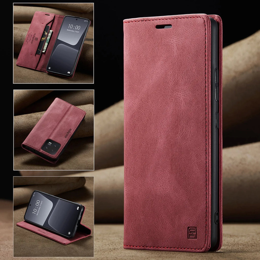 Silicone flip phone case with frosted vintage leather finish for Xiaomi 14 in black