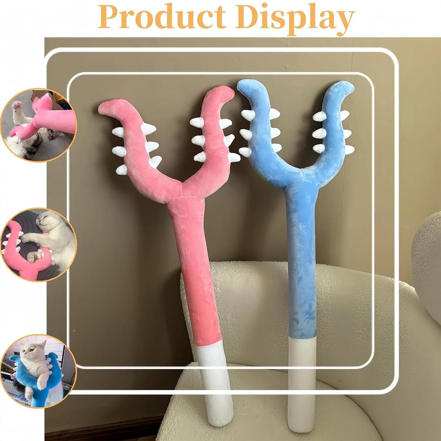 70cm blue plush cat wand toy with foam-filled construction for indoor pet play