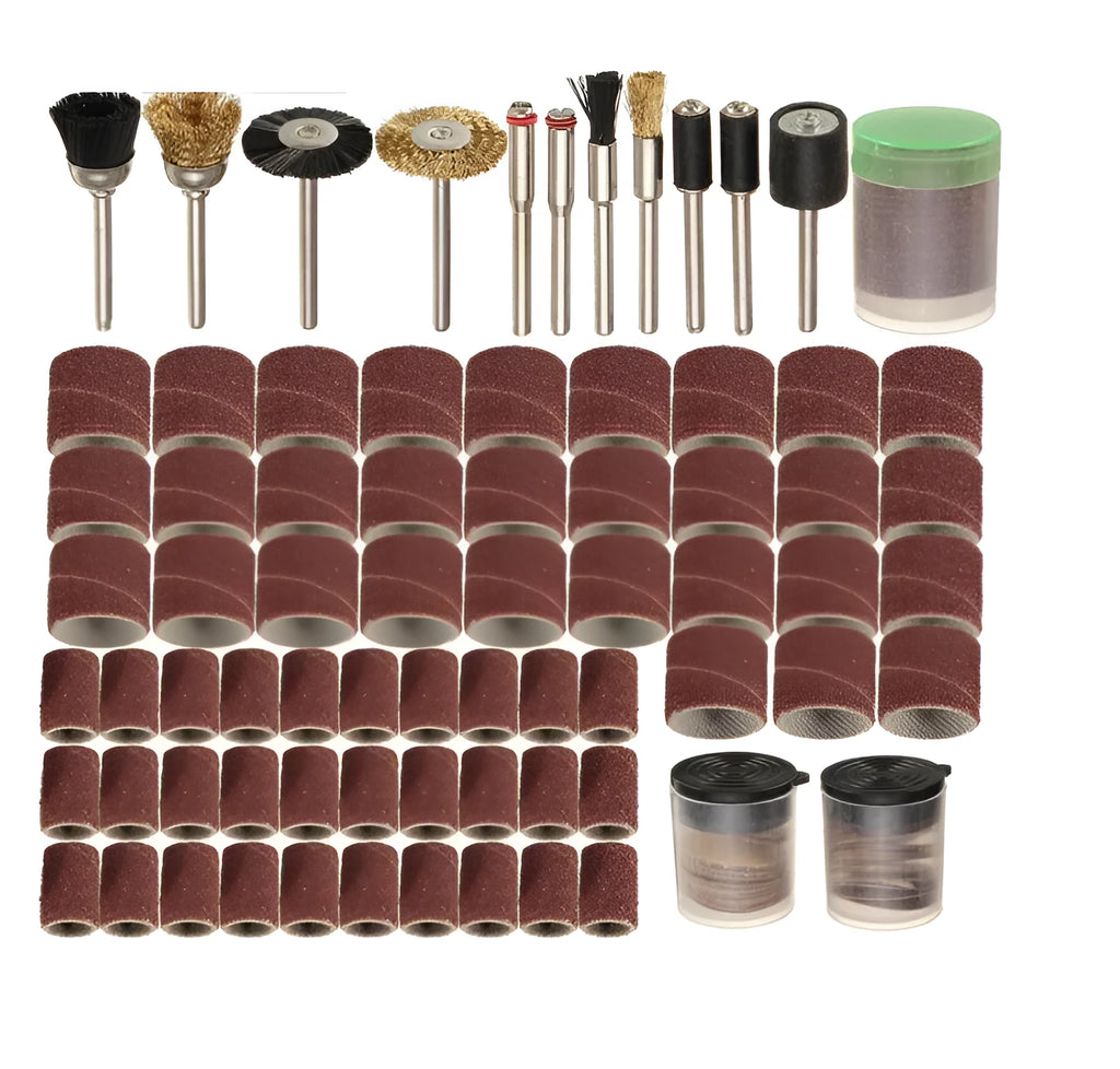 150-piece electric grinder accessories combo set with steel and copper heads, diamond wool pads, and sandpaper rings