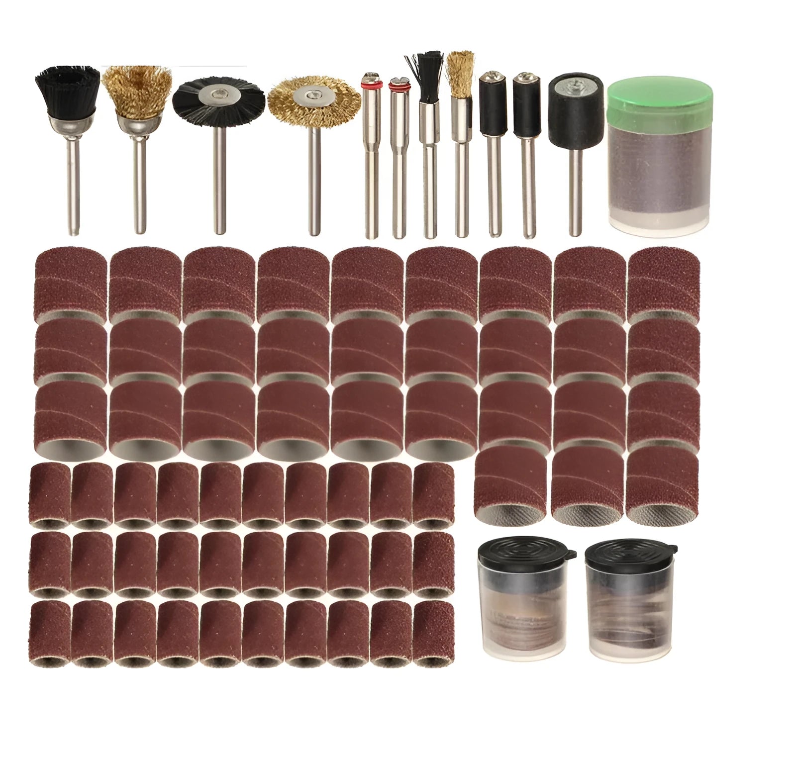 150-piece electric grinder accessories combo set with steel and copper heads, diamond wool pads, and sandpaper rings