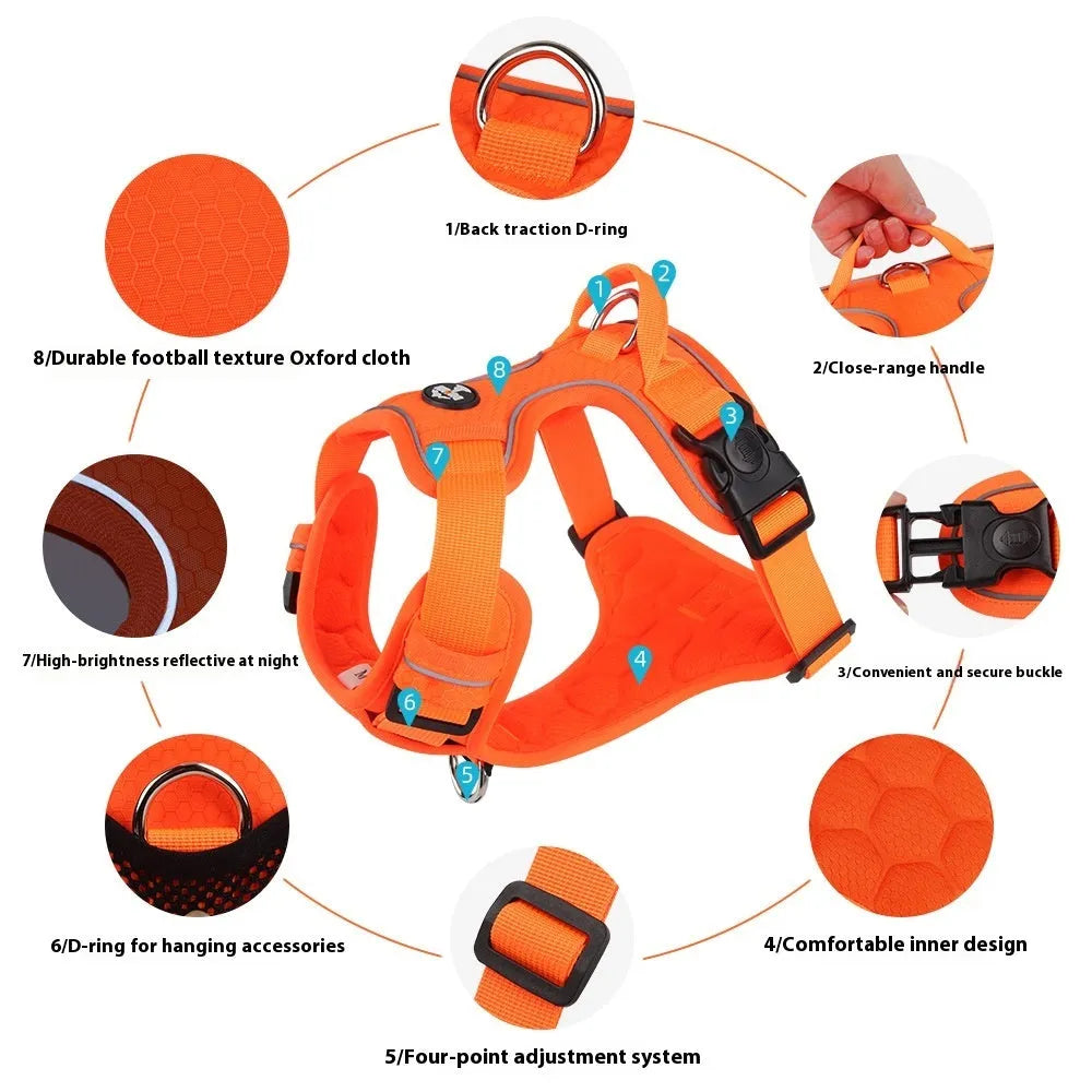Reflective dog harness vest in orange with handle and round rope, Oxford cloth construction