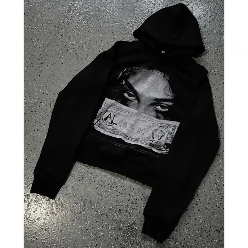 Black women's loose fit hooded sweater with dark printed cartoon pattern design