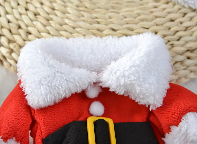 Red polar fleece Santa Claus costume for a small dog or cat, shown on a mannequin.