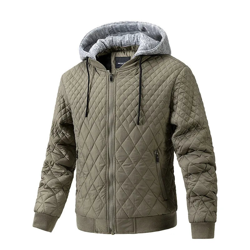Men's casual quilted jacket with removable hood, long sleeves, straight hem, regular length, in army green colour