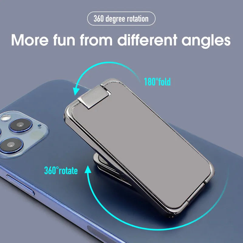 Silver foldable mobile phone holder with magnetic bracket showing adjustable viewing angles