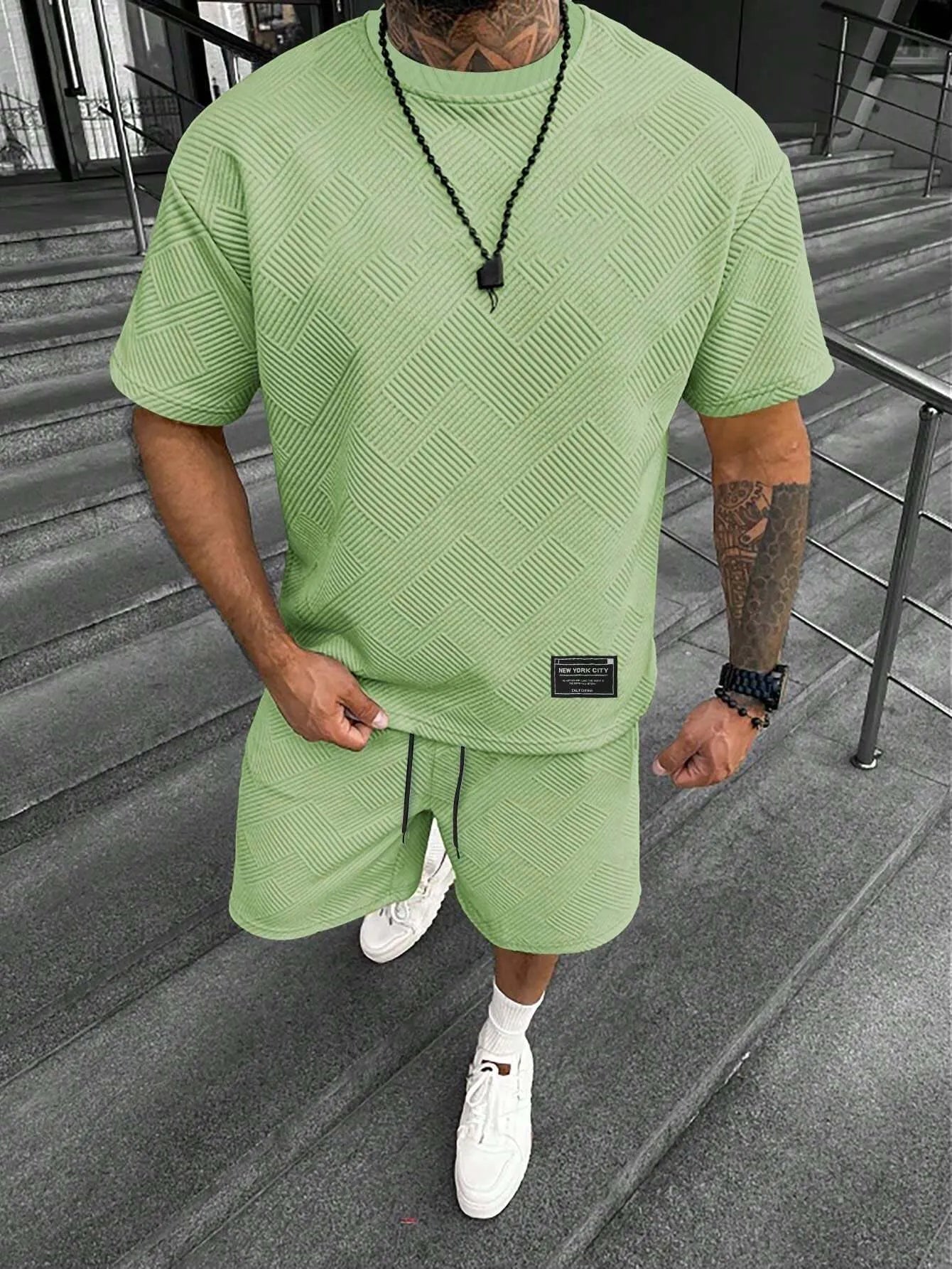Men's short sleeve top and matching shorts with 3D digital printed pattern in a polyester blend fabric
