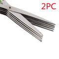 Stainless steel multi-layer herb scissors with green handles for chopping green onions and seaweed.