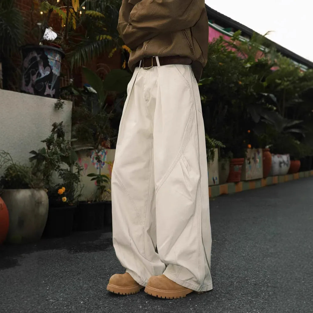 Men's straight leg pleated trousers with micro elastic waist in black, brown and apricot stripe patterns