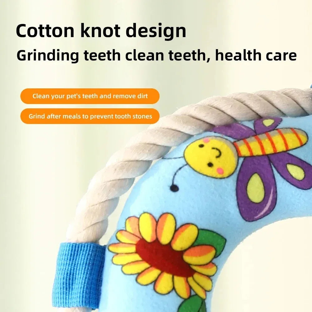 25cm diameter soft plush dog pull ring toy with squeaker for fetch games and chew training
