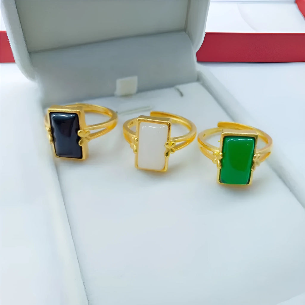 Brass gold-plated adjustable ring with electroplated artificial gemstone inlay in national style design