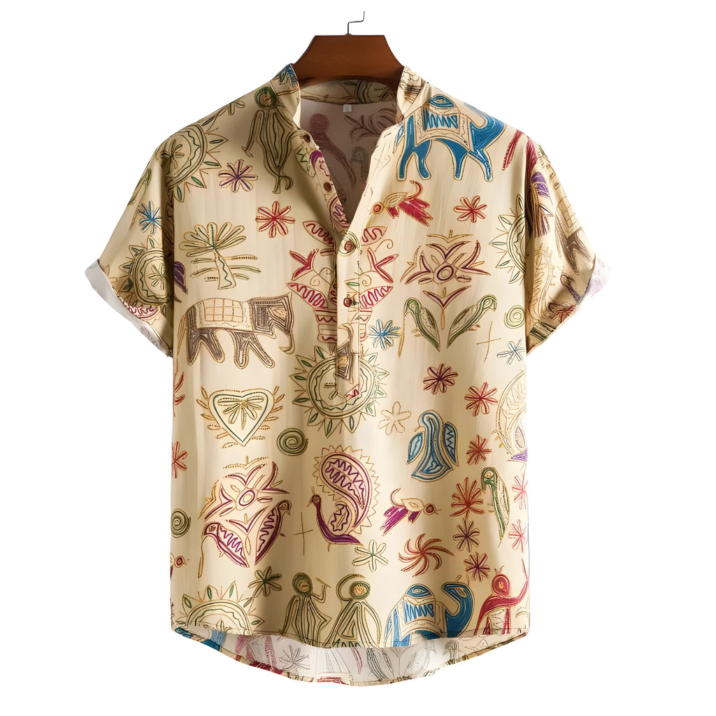 Man wearing a loose-fit, long-sleeve casual shirt with a 3D digital printed pattern.