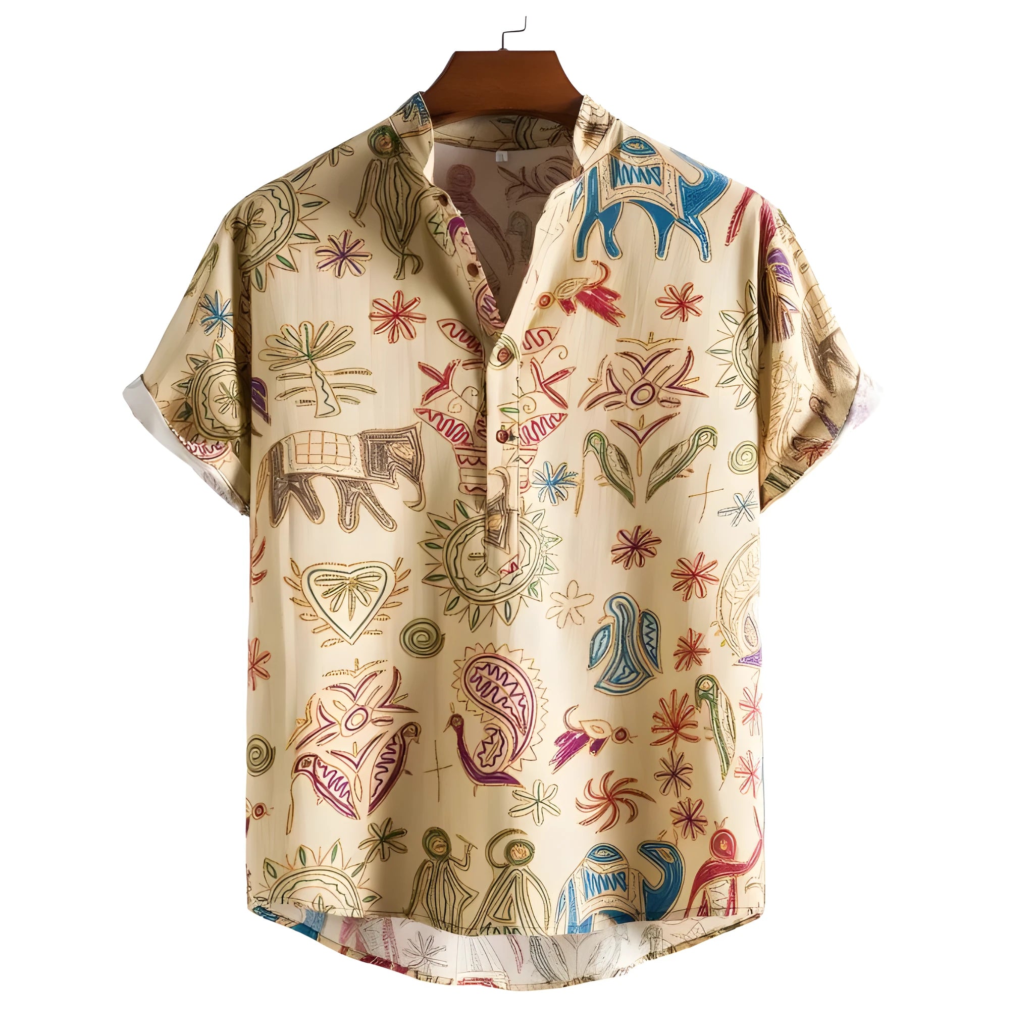 Man wearing a loose-fit, long-sleeve casual shirt with a 3D digital printed pattern.