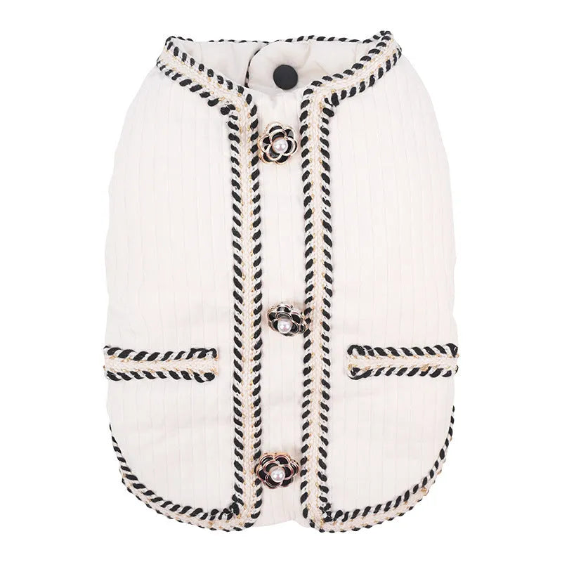 Quilted polyester dog coat in light purple with cartoon design for autumn and winter warmth