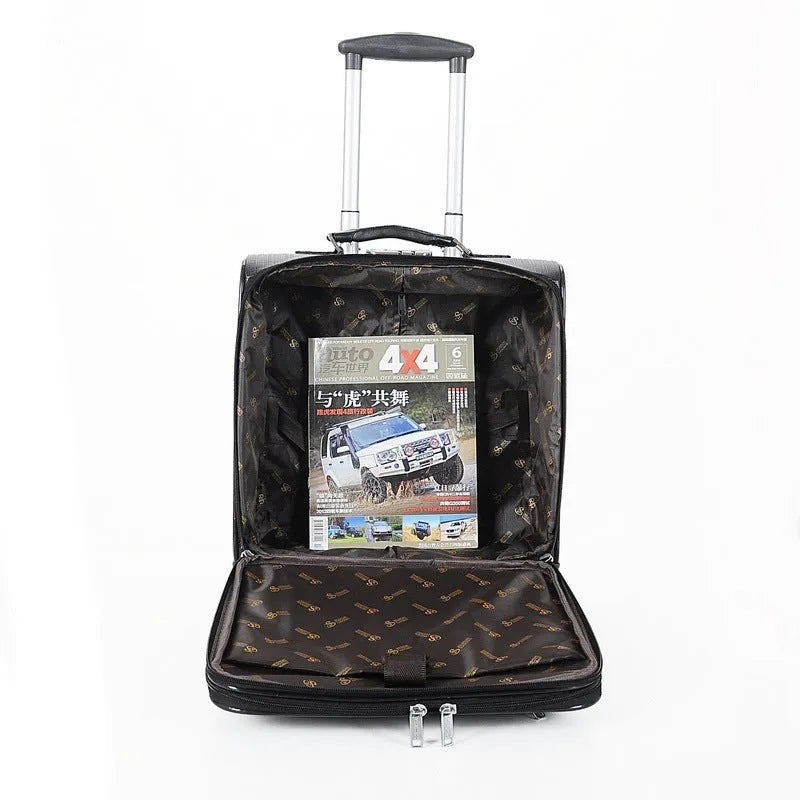 18-inch black PU leather business case with combination lock and aeroplane wheels