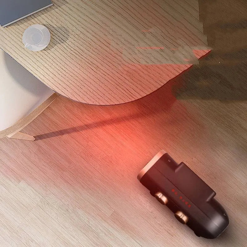 White electric fan heater with mechanical control dials on a dark background.