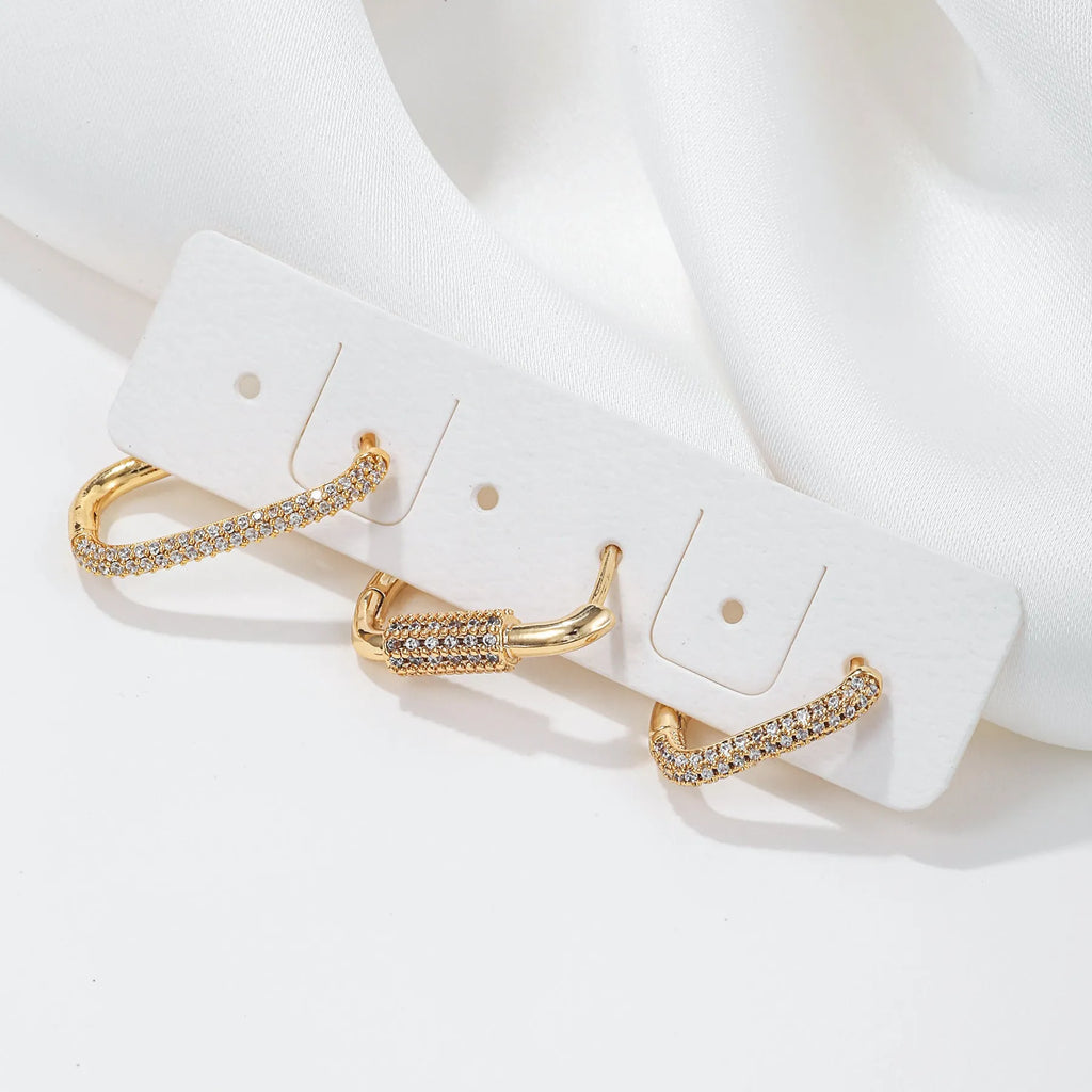 Geometric copper ear clip three-piece set with micro inlaid zircon stones in gold and white colours