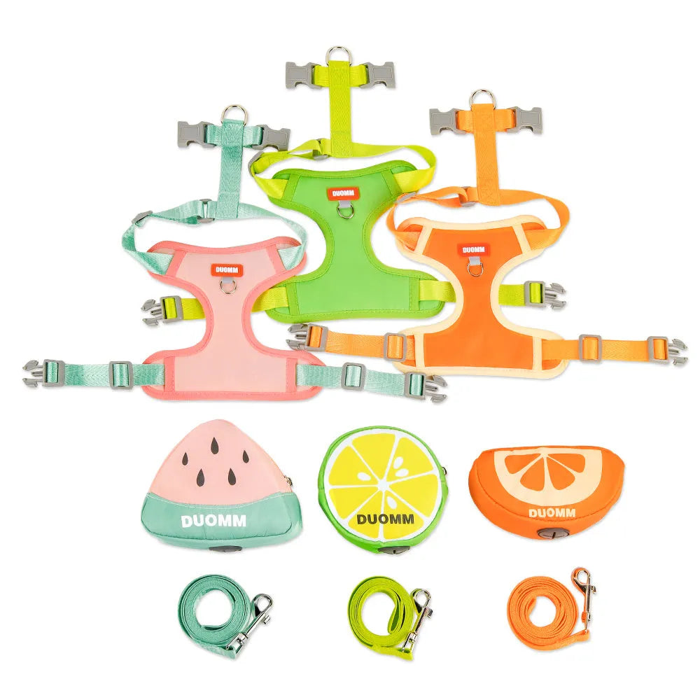 Fruit-themed pet backpack and matching anti-slip chest harness set for dogs and cats