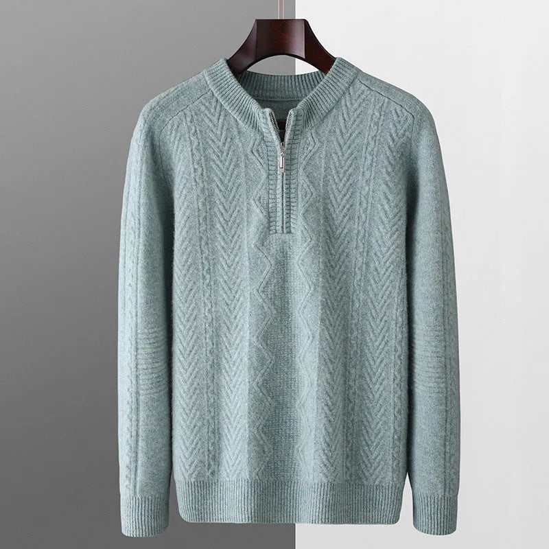Men's loose fit wool sweater with diamond pattern and half-zip front in light camel colour