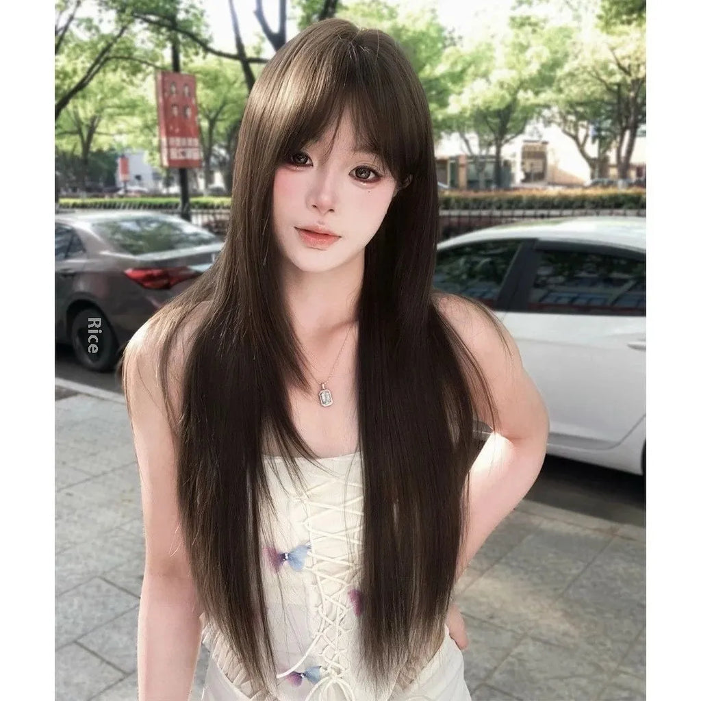 Brown black high-temperature fibre wig with wear-free hair net base
