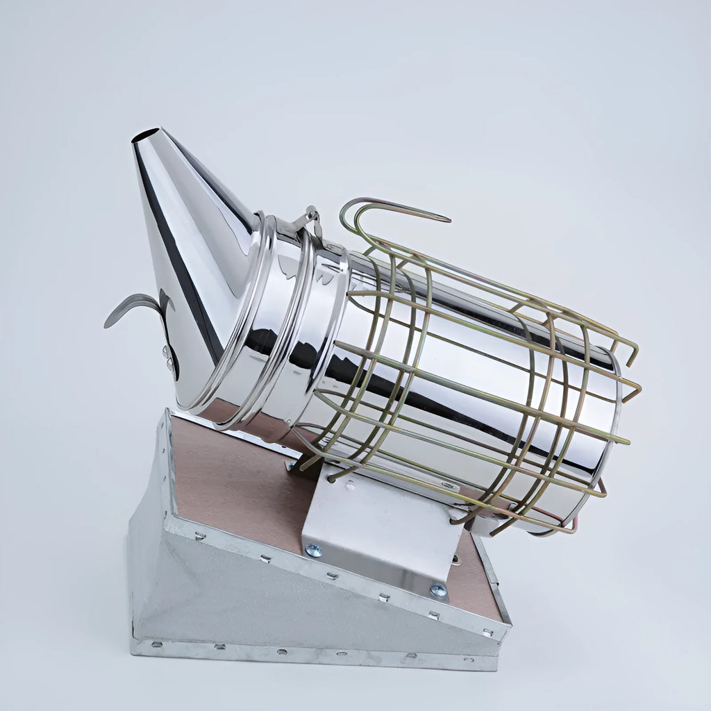 Stainless steel manual bee smoker with leather components for agricultural beekeeping