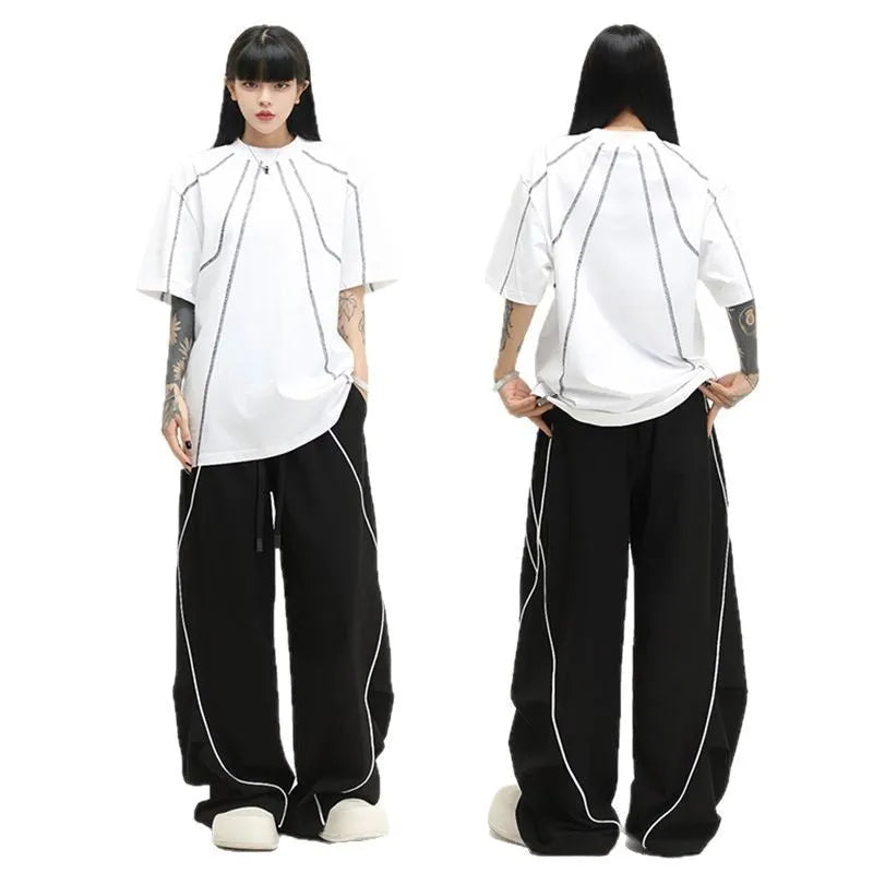 Black striped pleated hip hop wide-leg pants with mid waist and loose fit design
