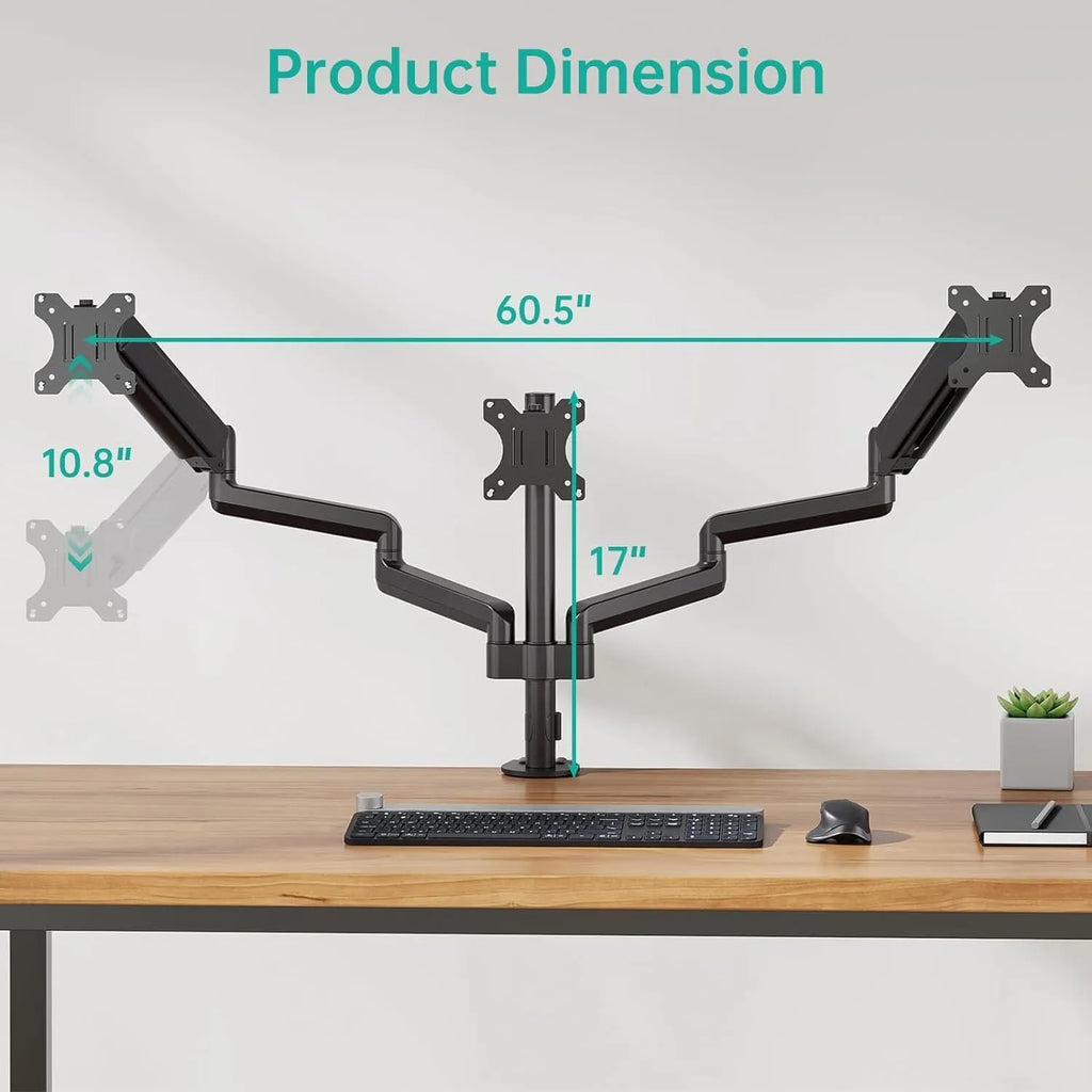 Black three-arm gas spring computer monitor mounting arm for 27-inch screens
