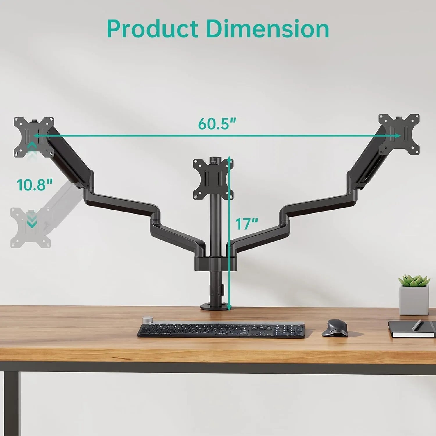 Black three-arm gas spring computer monitor mounting arm for 27-inch screens