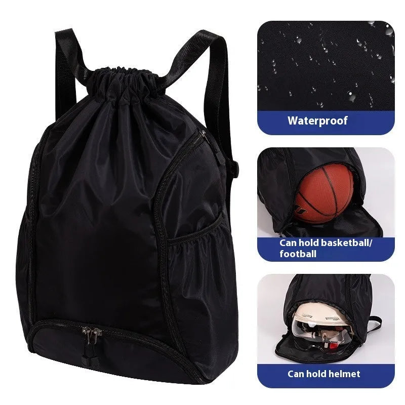 Cube-shaped sports backpack with drawstring closure in colour options including black, grey, green