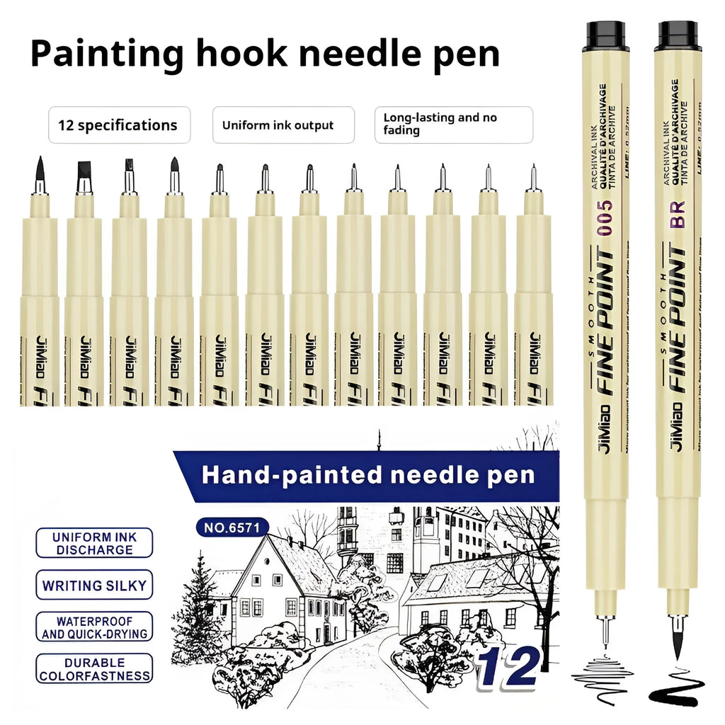 Waterproof hook line art cartoon design needle pen with black refill and 133mm plastic body for painting and writing