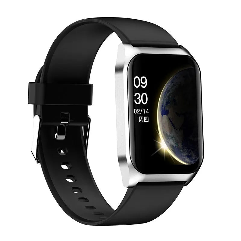 Black smart watch with 1.69-inch display showing heart rate and call functions