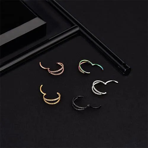G23 titanium alloy nose ring with monoclinic diamond coating in steel or gold colour, showing size options.