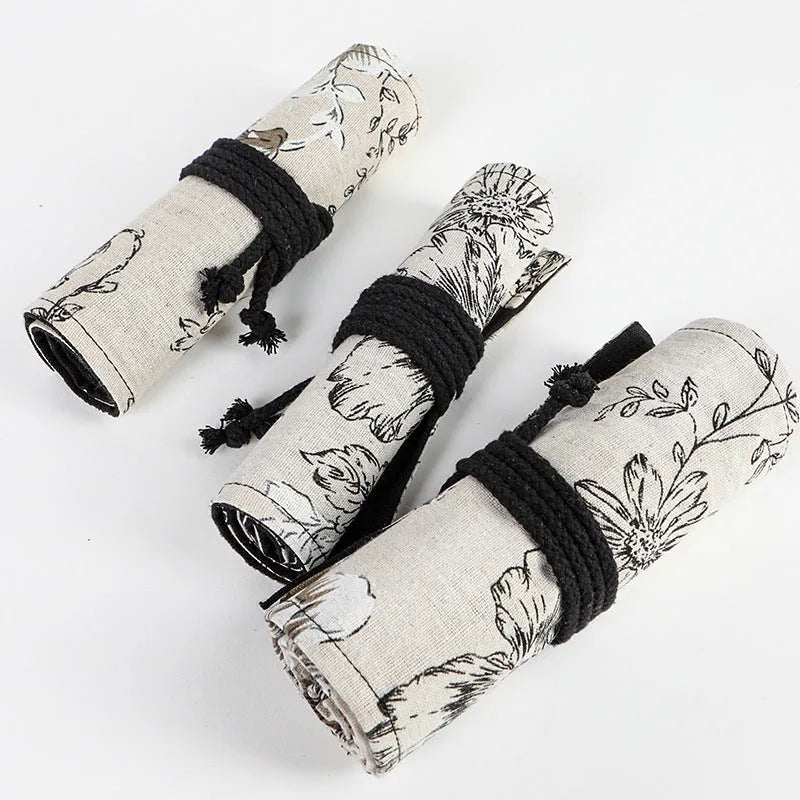Black peony print canvas pencil roll bag with cotton hemp construction showing 24-hole or 72-hole organisation options