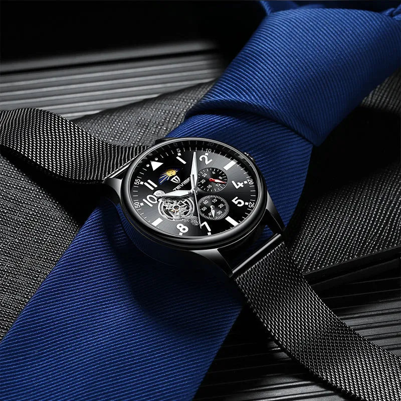 Black men's mechanical watch with moon phase indicator and luminous hands on alloy case