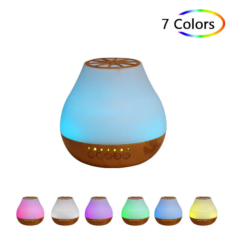 USB essential oil diffuser with wood grain finish and colourful LED mood lighting