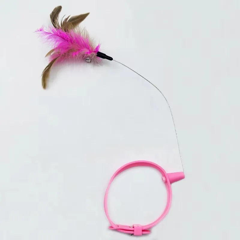 Adjustable cat collar toy with bell, detachable silicone teasing wand, and feather attachment in blue and pink options