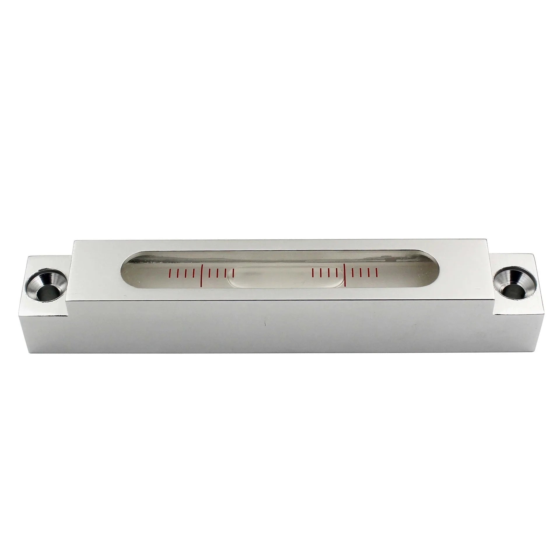 Metal mini spirit level with glass vials showing 132mm length for precision workshop alignment