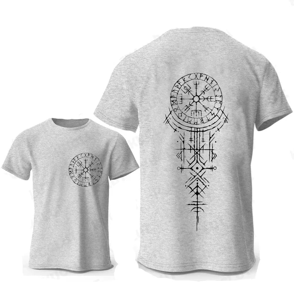 Men's grey T-shirt with a detailed Viking Rune Compass graphic print on the chest.