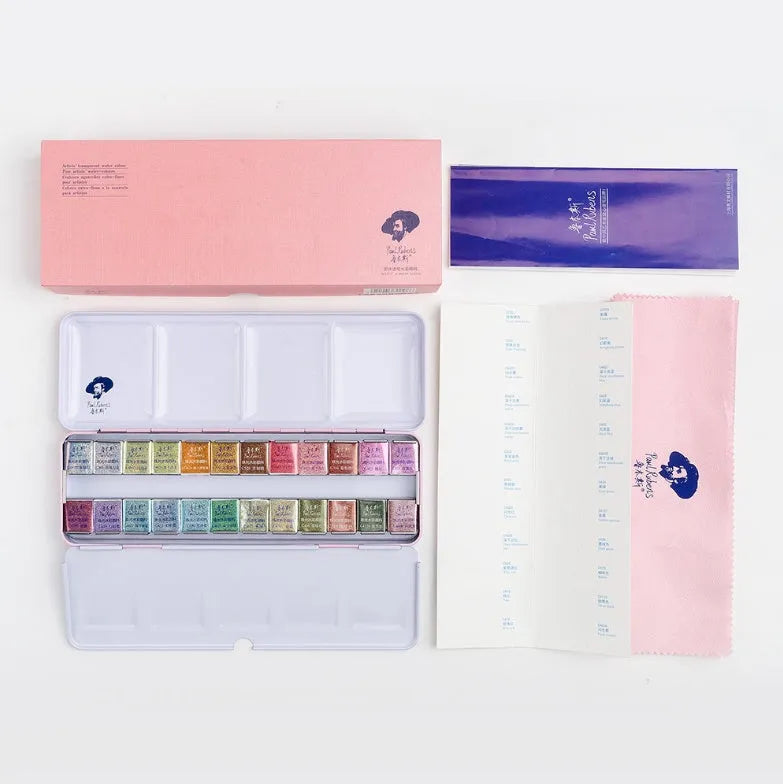 Solid watercolour paint set with pearl finish showing 12 and 24 colour options.