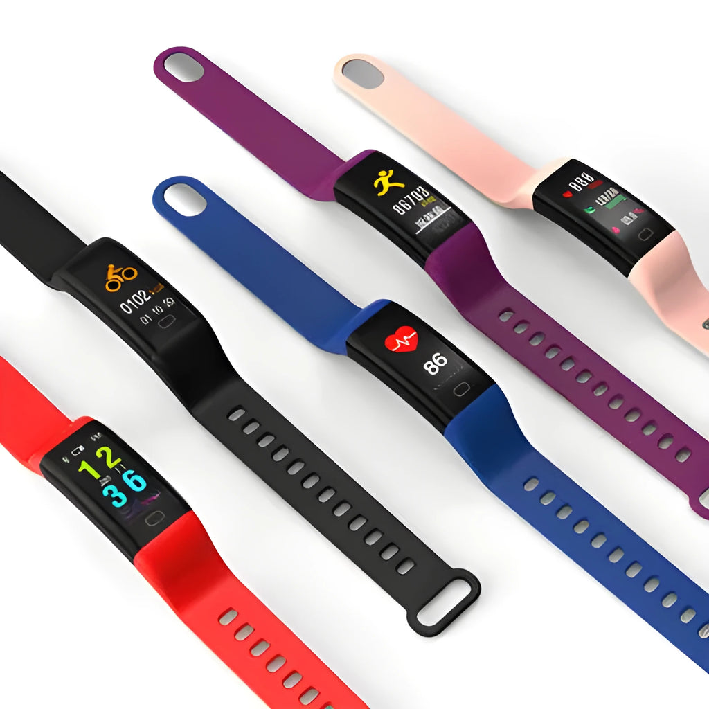 Big screen smart band fitness tracker with colourful strap options on wrist.