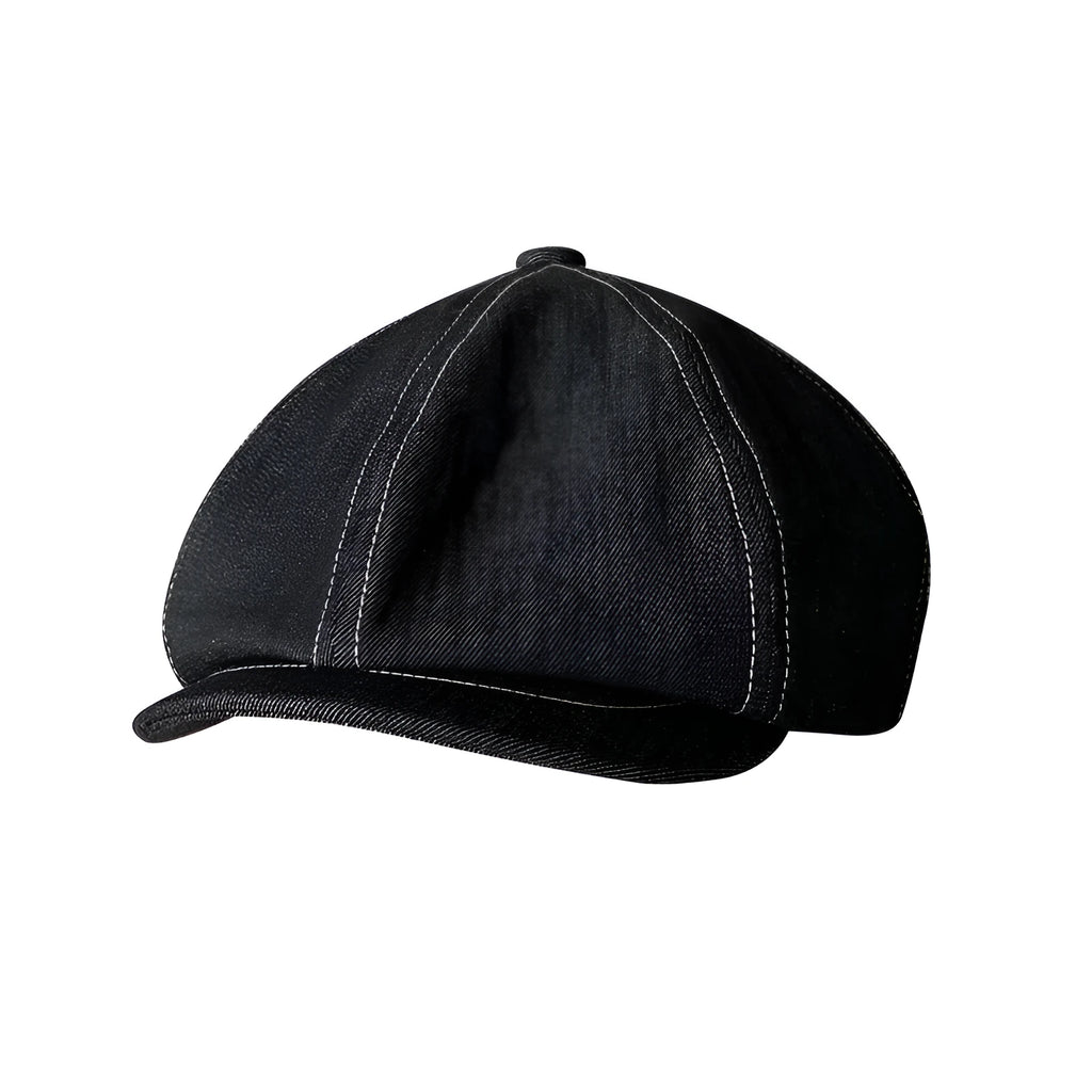 Black cotton beret with Japanese denim fabric texture shown in adult unisex sizing