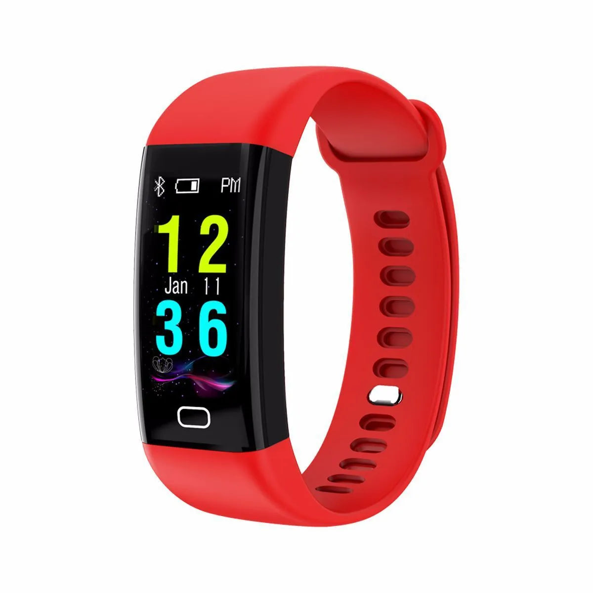 Big screen smart band fitness tracker with colourful strap options on wrist.