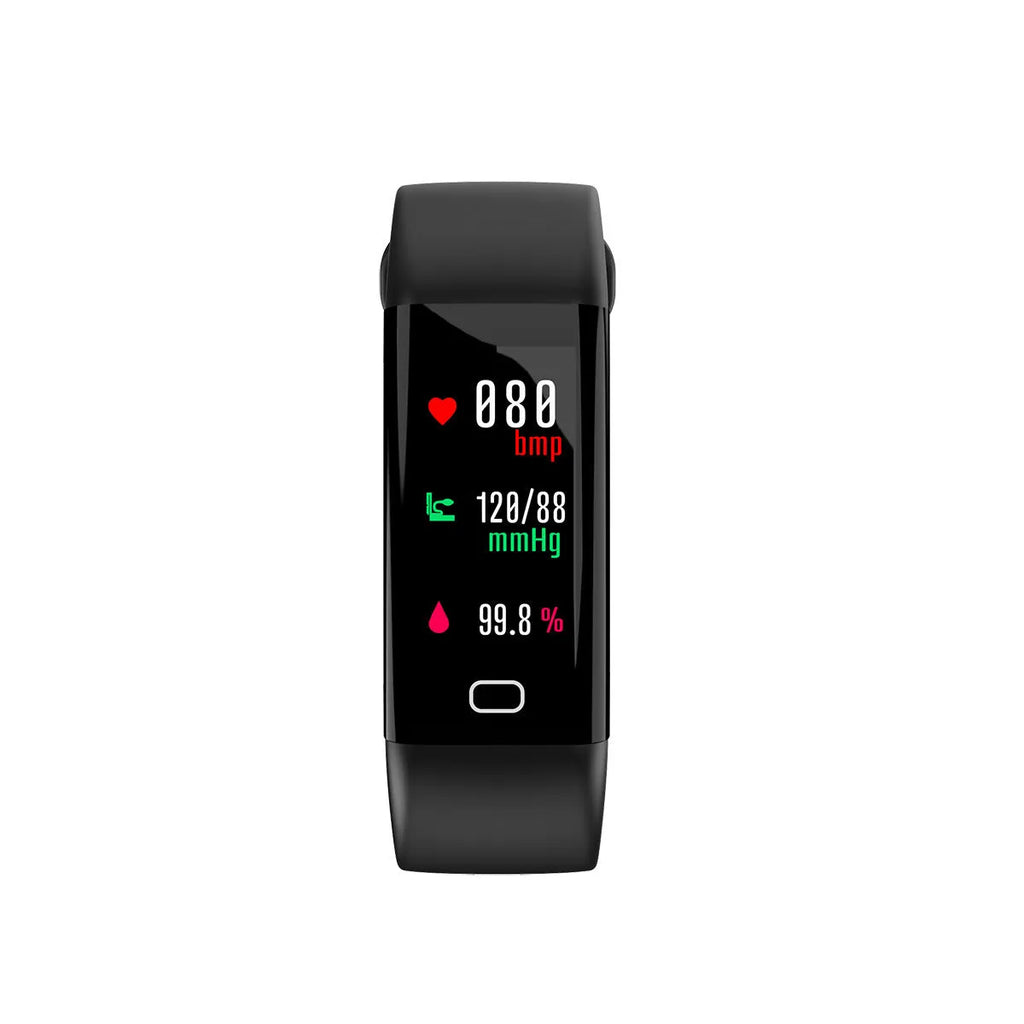 Big screen smart band fitness tracker with colourful strap options on wrist.