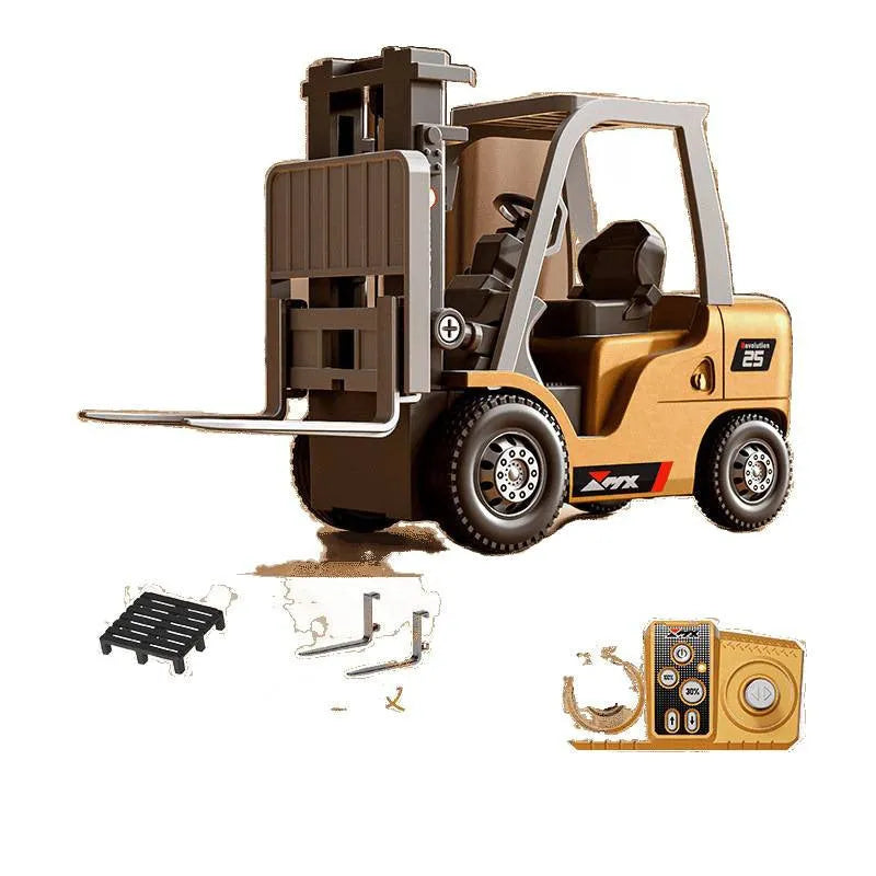 Miniature silver alloy remote control forklift toy with cargo hook on a pallet.