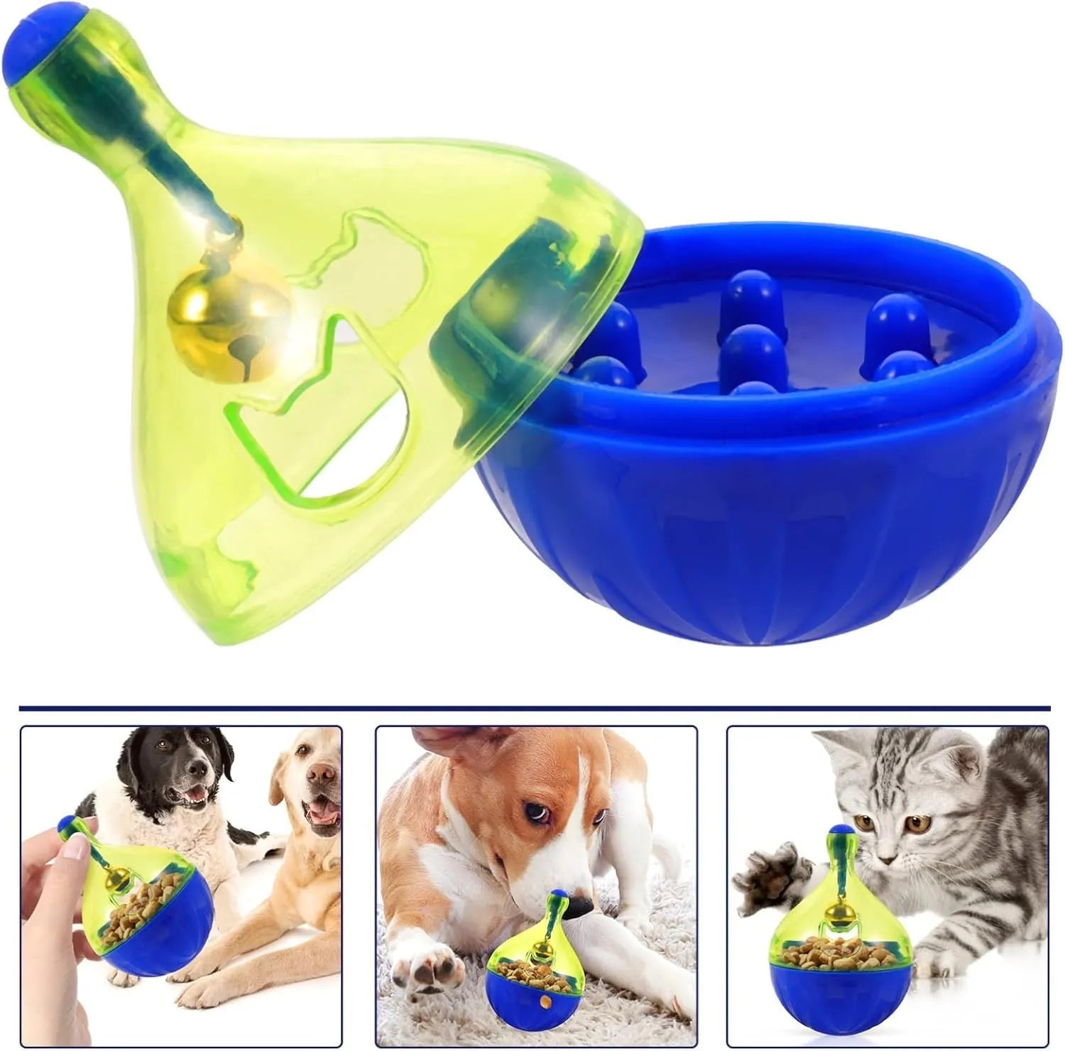 Blue and green tumbler-shaped interactive treat dispenser toy for dogs and cats on a wooden floor.