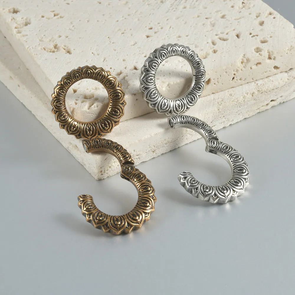 Retro heart-shaped hollow lotus magnetic earrings in antique silver or ancient gold finish