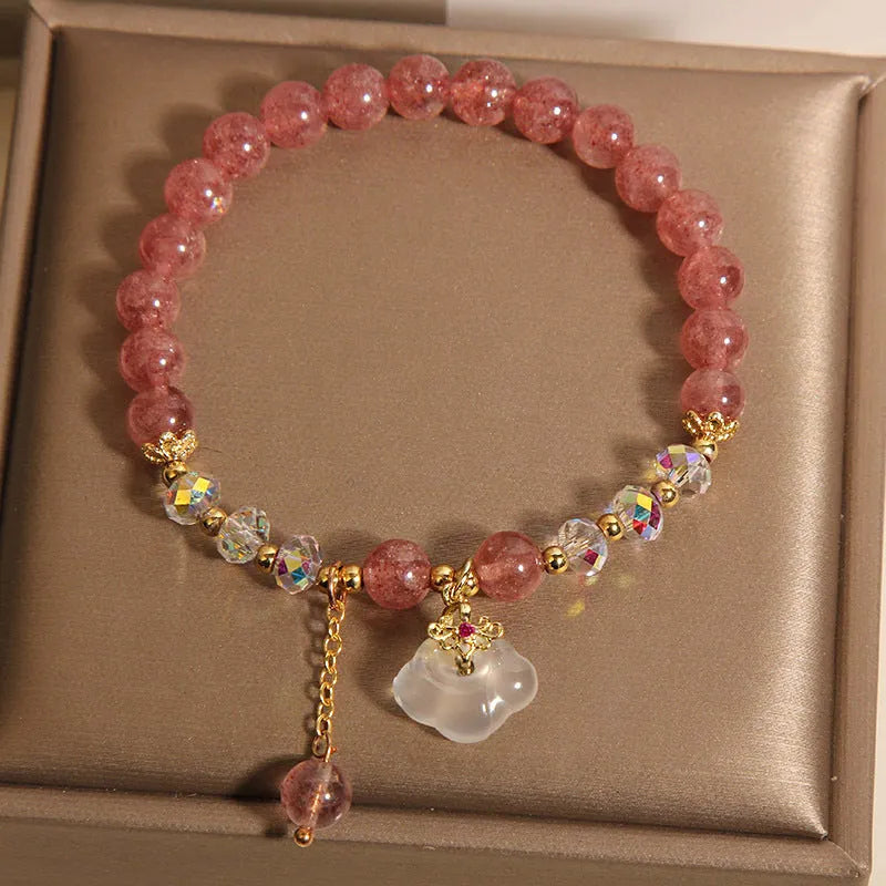 Women's natural strawberry quartz and white agate crystal bracelet with auspicious cloud pattern on elastic string