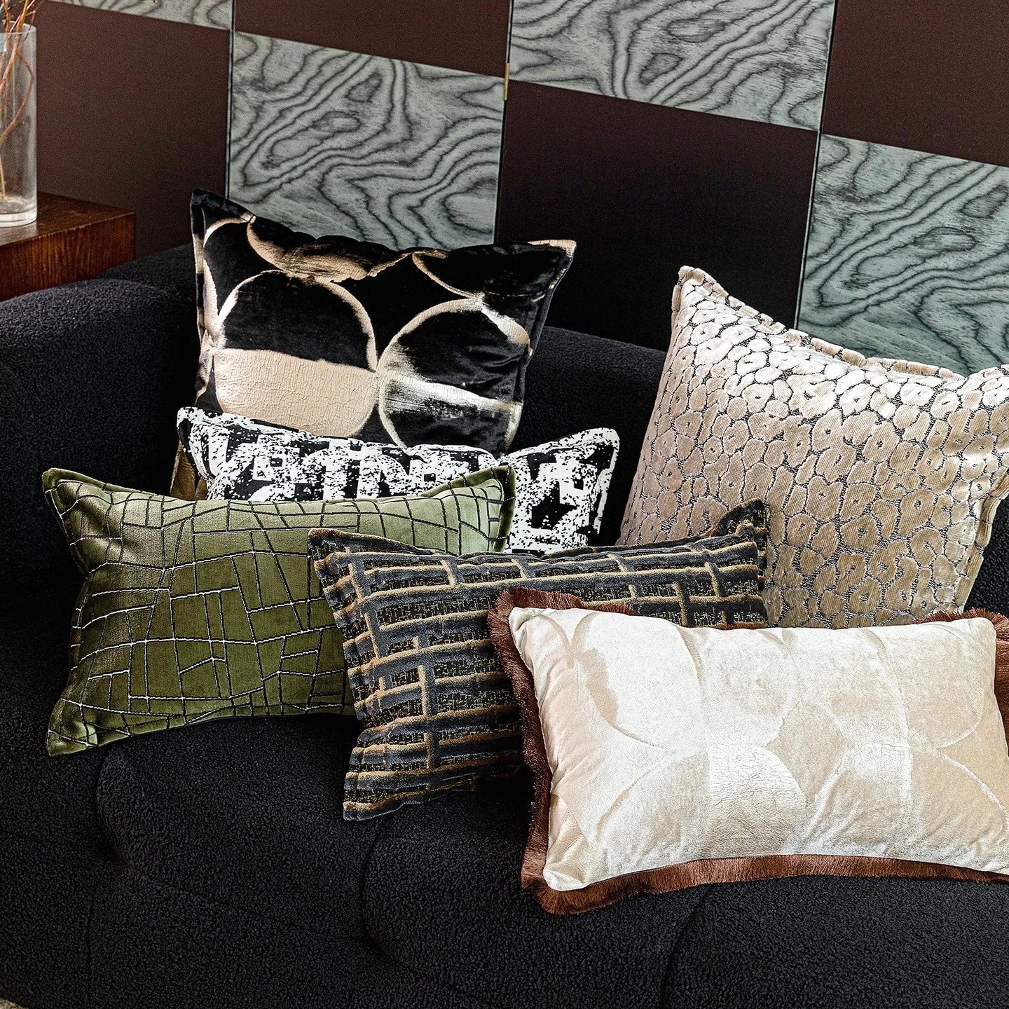 Black gold abstract pattern decorative cushion with removable flannel cover in multiple size options