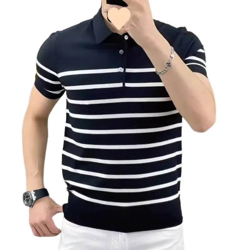 Striped lapel knitted T-shirt in black and white colour options showing pullover style